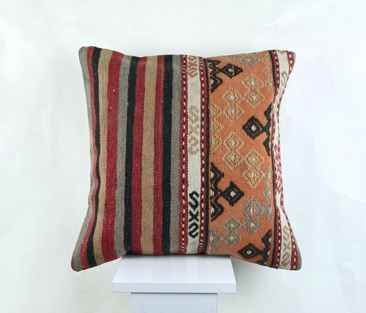 Kilim Pillow Cover 18x18 Handmade Turkish Ethnic Vintage Lumbar Cushion A1415