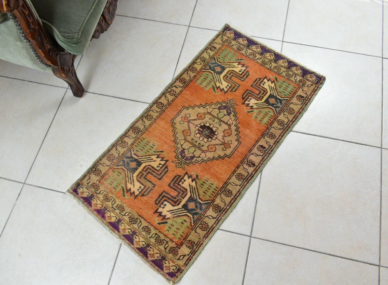 Turkish Runner 3.2x1.8 ft Vintage Small Rug Oushak Runner Anatolian Mini Rug Y63