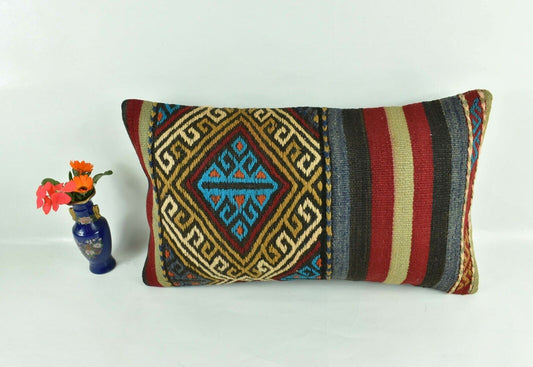 Kilim Pillow Cover 12x20 Turkish Handmade Vintage Couch Lumbar Cushion  A1800