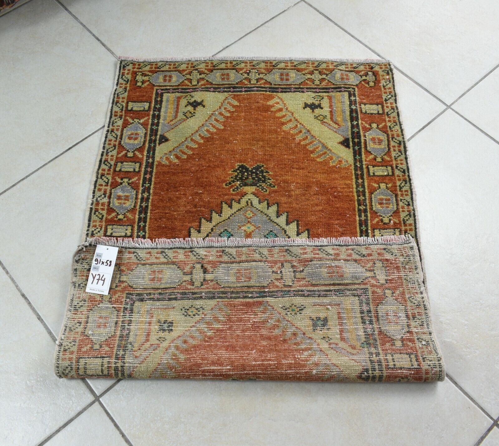 Turkish Runner 2.9x1.9 ft Vintage Small Rug Oushak Runner Anatolian Mini Rug Y74