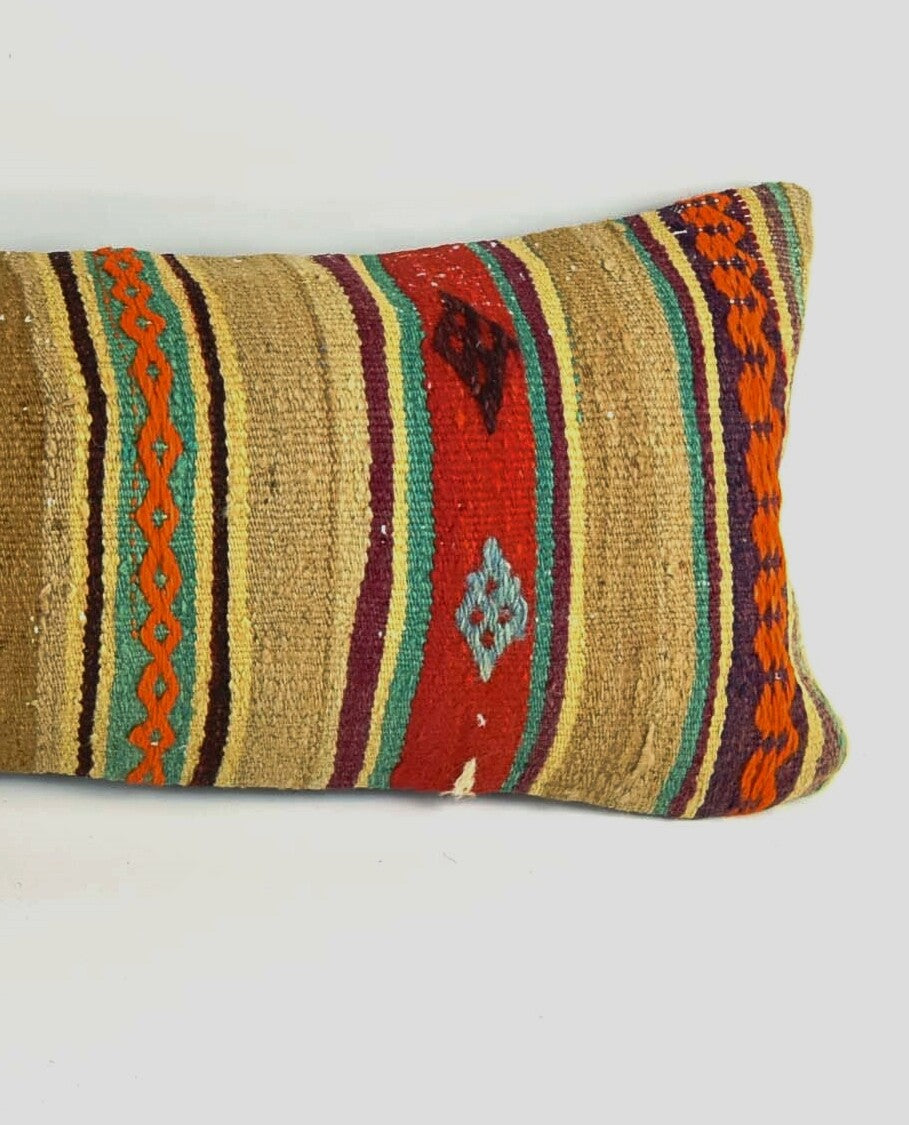 Long Kilim Lumbar Pillow Cover 12x36 Handmade Anatolian Ethnic Rug Cushion A2027