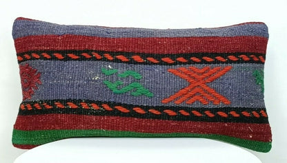 Turkish Kilim Pillow Cover 8"x16" Handknotted Vintage Tribal Lumbar Cushion E387