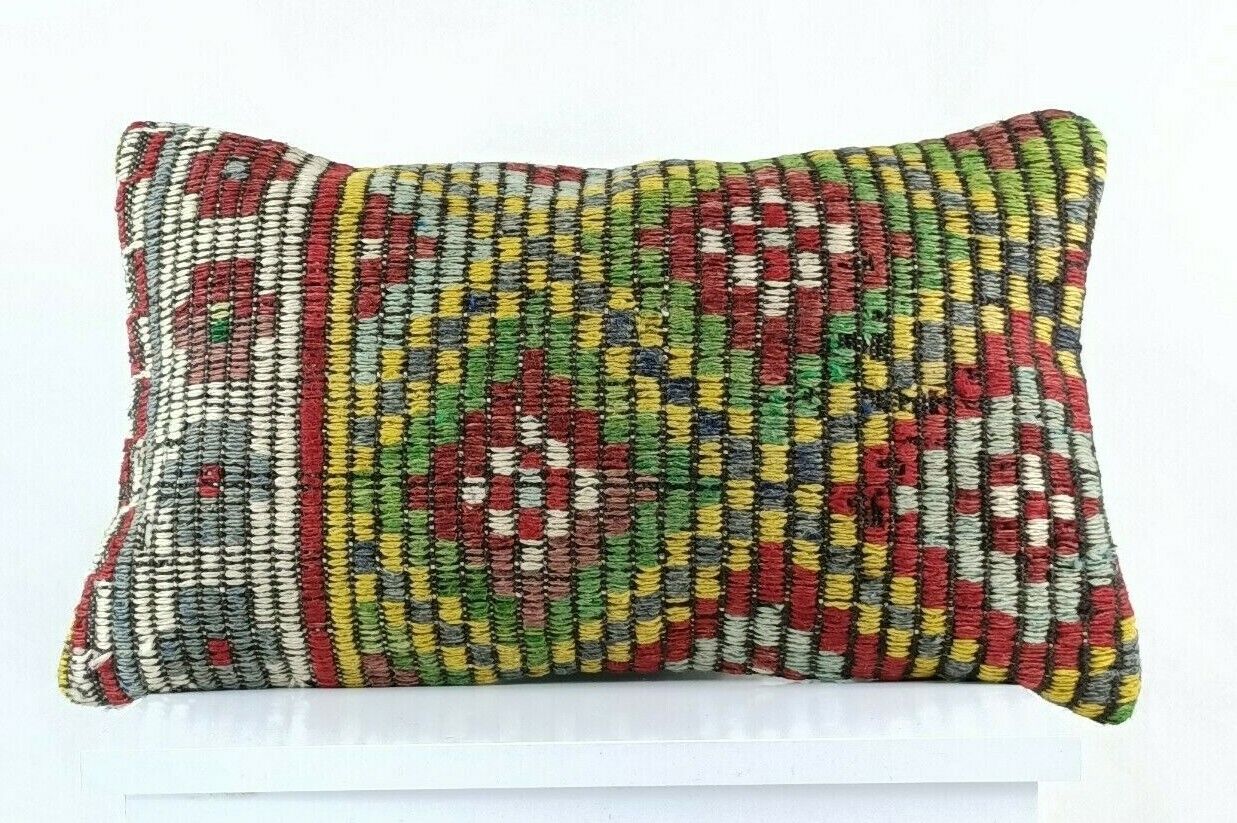 Kilim Pillow Cover 12x20 Handmade Turkish Rug Boho Ethnic Lumbar Cushion E1089