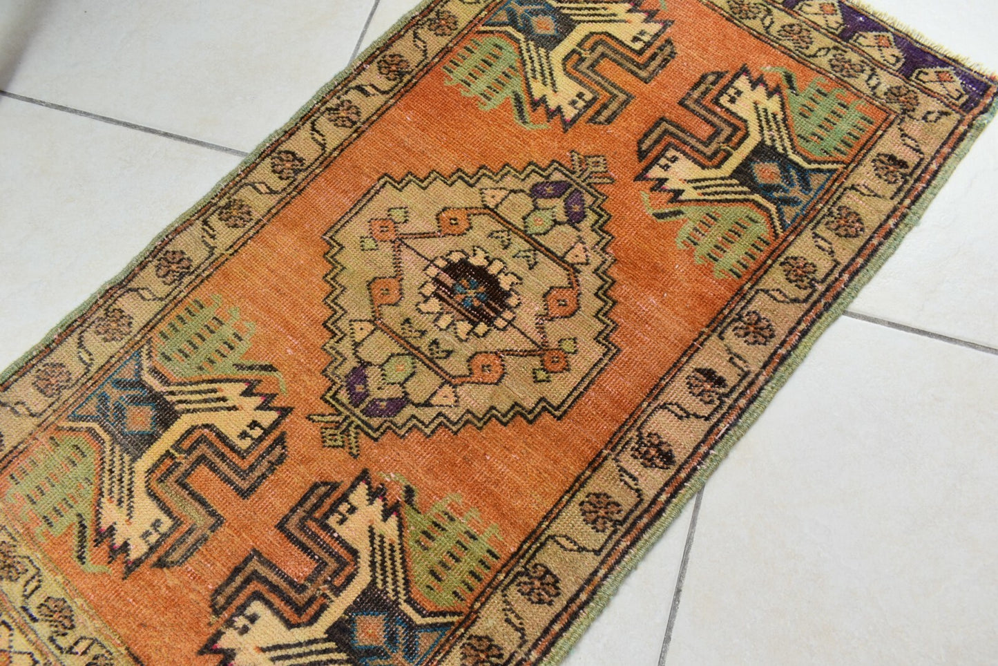 Turkish Runner 3.2x1.8 ft Vintage Small Rug Oushak Runner Anatolian Mini Rug Y63