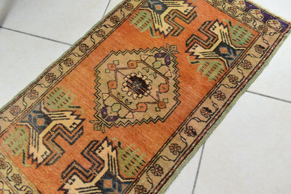 Turkish Runner 3.2x1.8 ft Vintage Small Rug Oushak Runner Anatolian Mini Rug Y63
