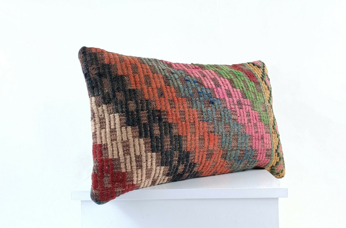 Kilim Pillow Cover 12x20 Handmade Turkish Rug Boho Ethnic Lumbar Cushion E1072