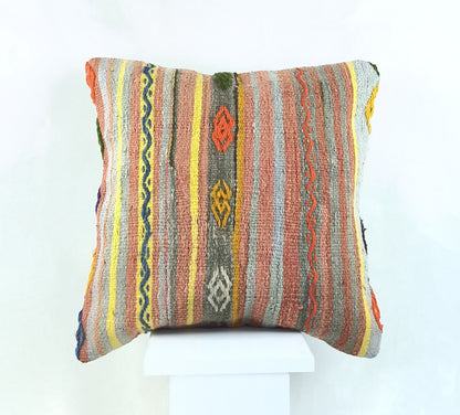 18"x18" Kilim Pillow Cover  Handmade Turkish Vintage Cushion Tribal Lumbar 2145