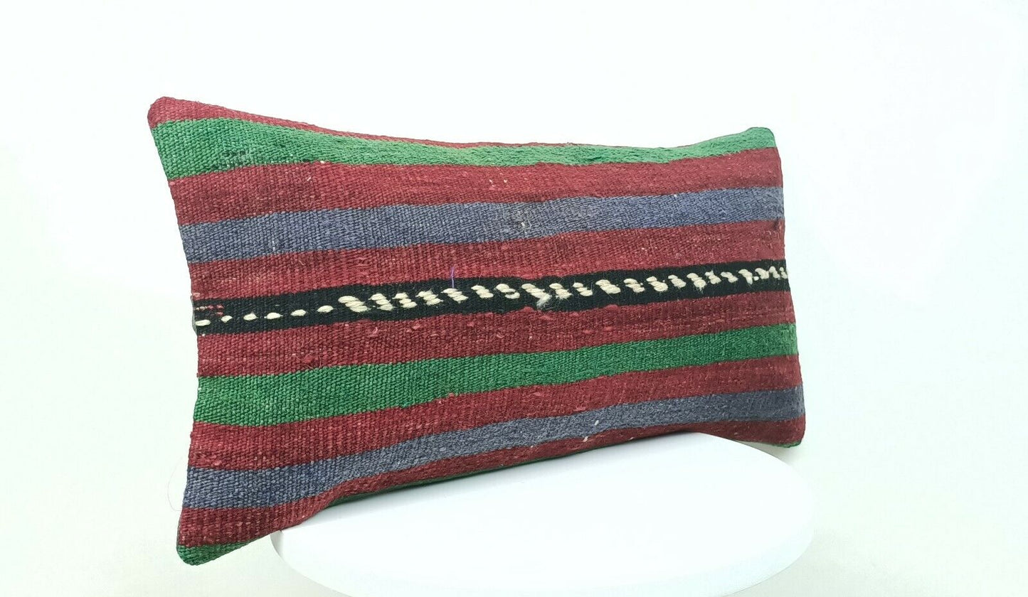 Kilim Pillow Cover 10x20 Handmade Vintage Oushak Rug Ottoman Lumbar Cushion E426