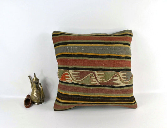 Kilim Pillow Cover 18x18 Handmade Turkish Ethnic Vintage Cushion A2216