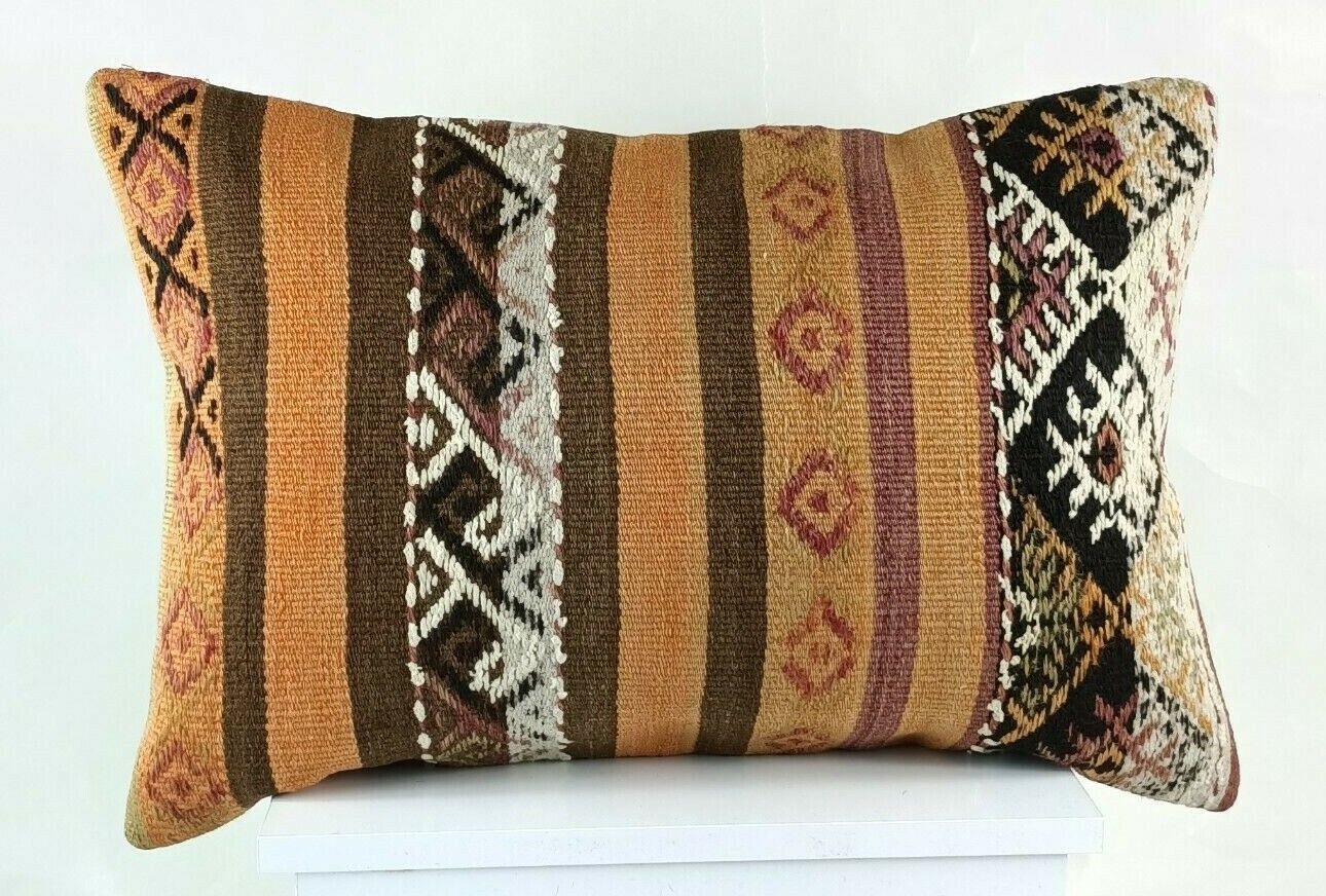 Kilim Pillow Cover 16x24 Ethnic Oushak Rug Boho Tribal Ottoman Cushion E1228