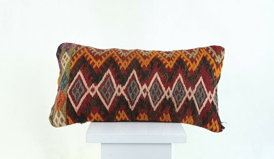 Kilim Lumbar Cover 8x16 in Handmade Oriental Rug Tribal Ethnic Pillow Case A1044