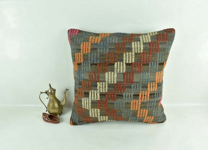 18"x18" Kilim Pillow Cover  Handmade Turkish Vintage Cushion Tribal Lumbar 3003