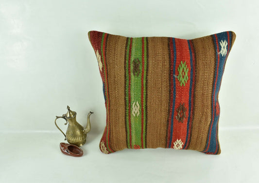 18"x18" Kilim Pillow Cover  Handmade Turkish Vintage Cushion Tribal Lumbar 3031