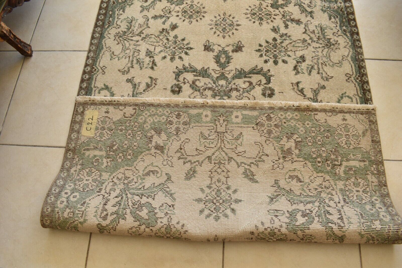 Handmade Vintage Oushak Runner 3.6 x 6.4 ft  Accent Beige Green Area Rug C22