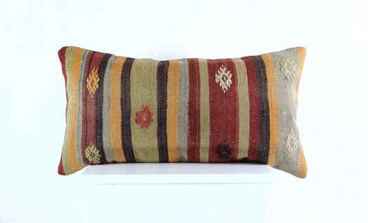 Handmade Turkish Kilim Pillow Cover 12x24 Ethnic Boho Sofa Lumbar Cushion E1014