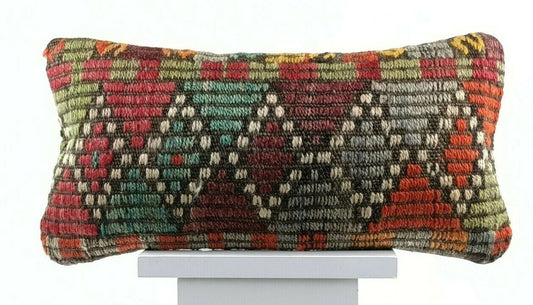 Anatolian Traditional Kilim Lumbar Pillow 8x16 Handmade Tribal Throw Pillow E755