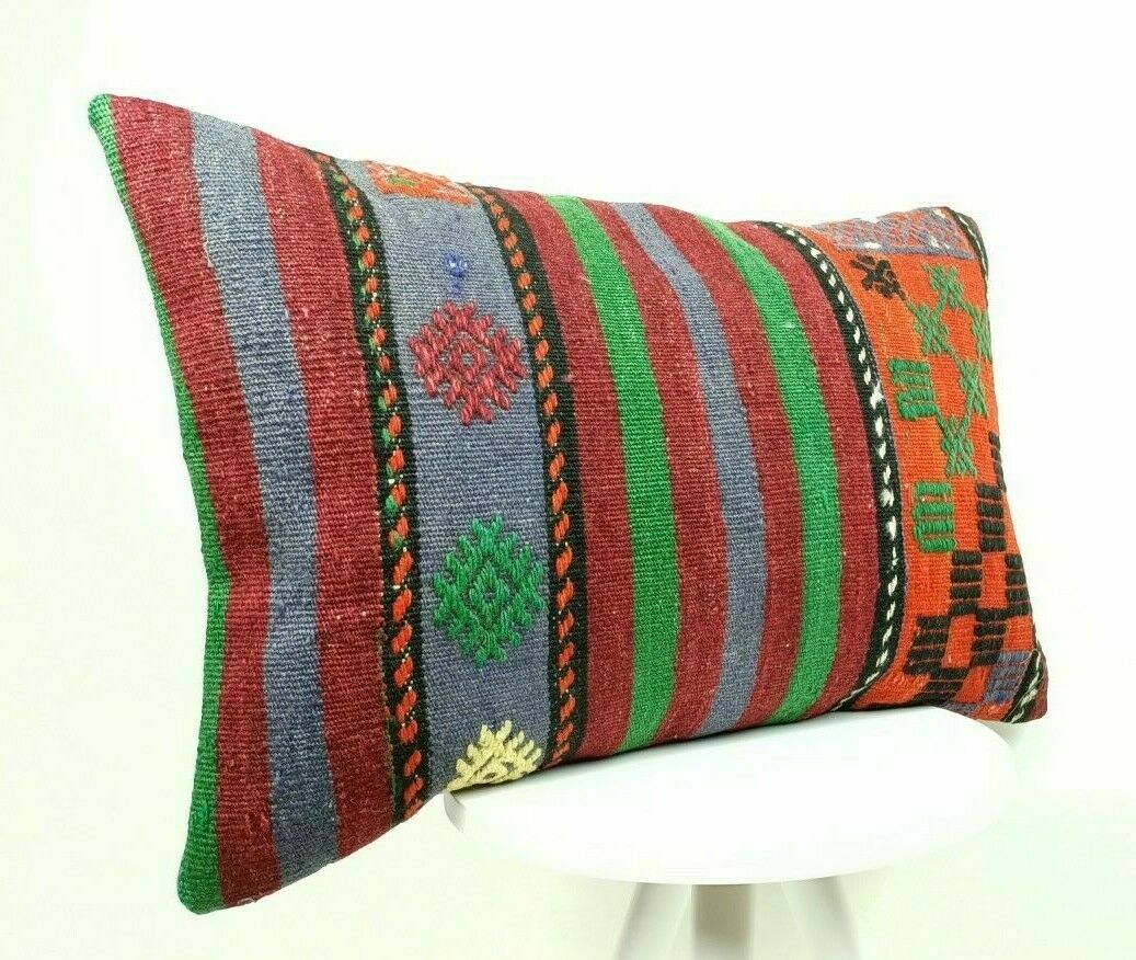 Handmade Kilim Pillow Cover 16x24 Vintage Rug Tribal Ethnic Bohemian Lumbar E469