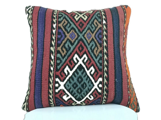 Turkish Kilim Pillow Cover 16x16 Tribal Traditional Ethnic Tribal Cushion A300