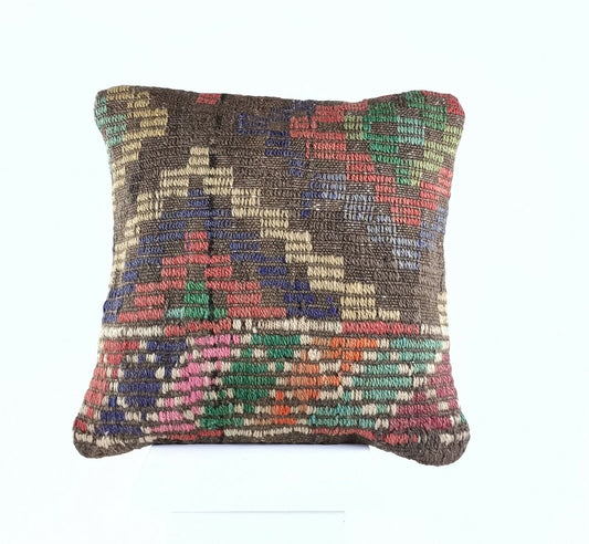 Kilim Pillow Cover 16x16 Anatolian Traditonal Wool Boho Sofa Lumbar Cushion A608