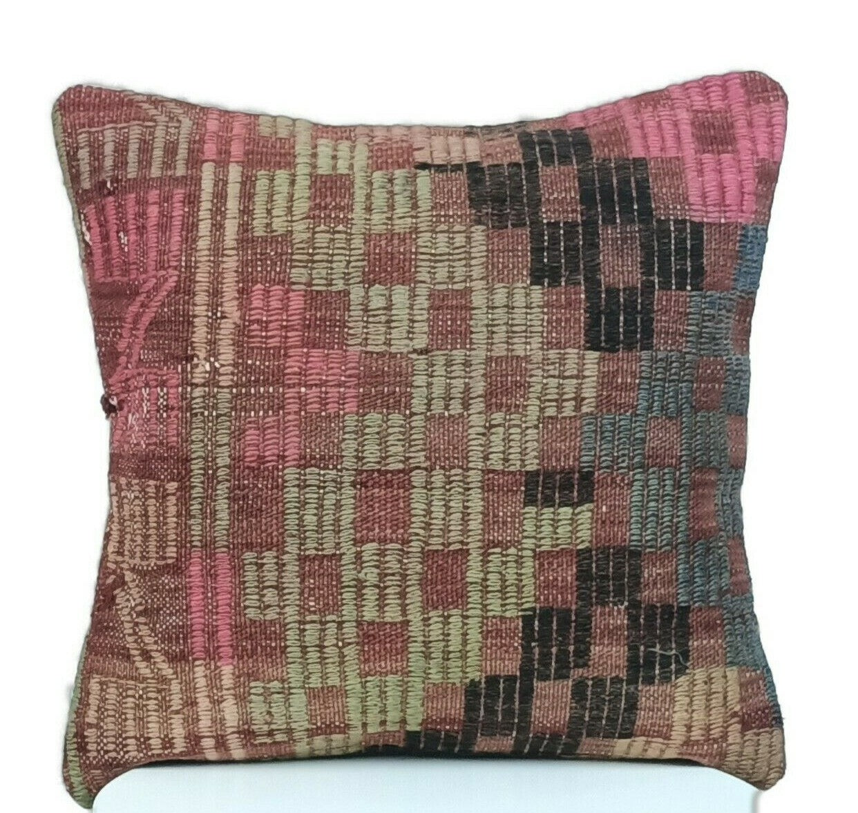 Kilim Pillow Cover 16"x16" Home Decorative Boho Rustic Rug Lumbar Cushion E195