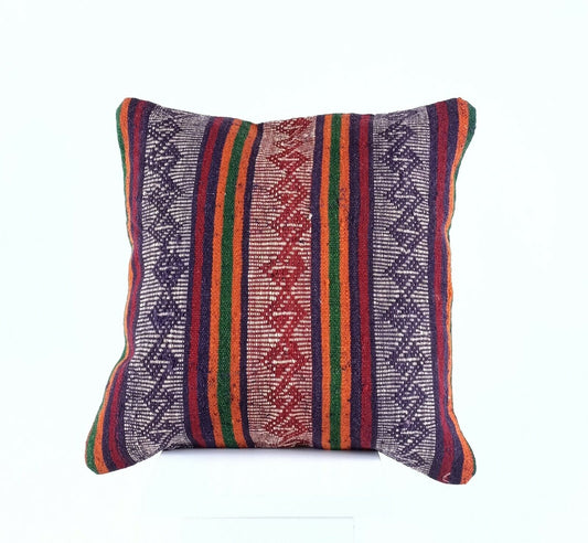 Kilim Pillow Cover 16x16 Anatolian Traditonal Wool Boho Sofa Lumbar Cushion A606