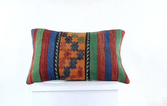 Kilim Pillow Cover 12x20 Turkish Handmade Sofa Couch Floor Lumbar Cushion E1032