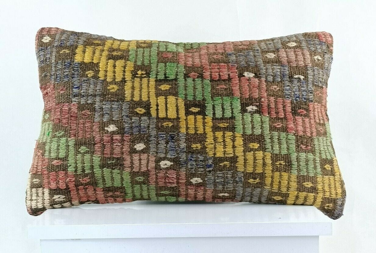 Kilim Pillow Cover 12x20 Handmade Turkish Rug Boho Ethnic Lumbar Cushion E1087