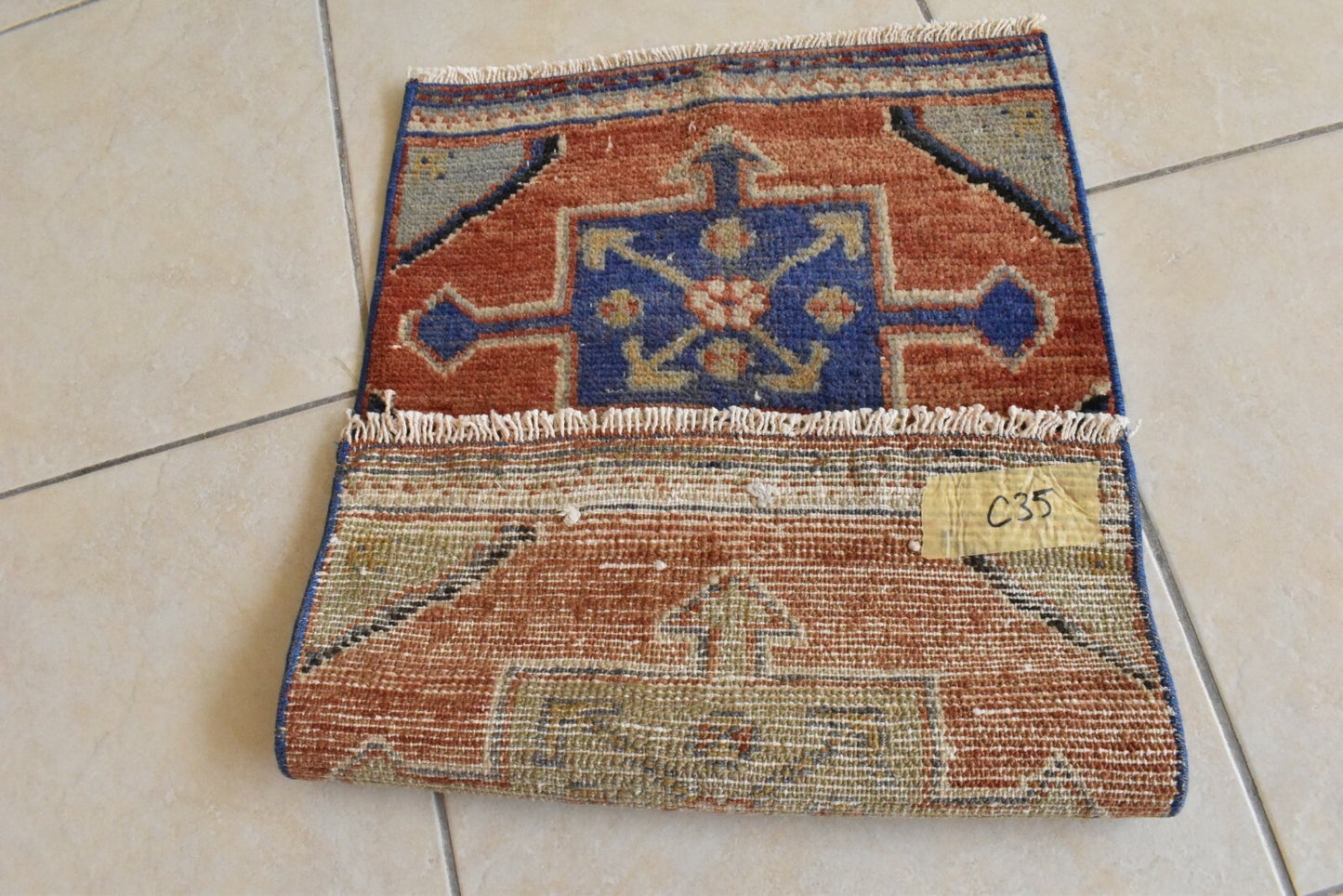 Handmade Small Rug 1x2 ft Door Mat Oriental Wool Entry Vintage Muted Runner C35