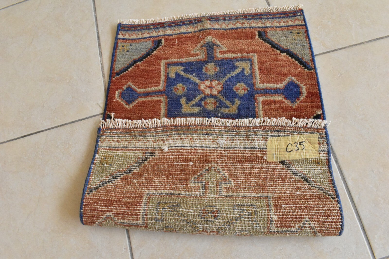 Handmade Small Rug 1x2 ft Door Mat Oriental Wool Entry Vintage Muted Runner C35