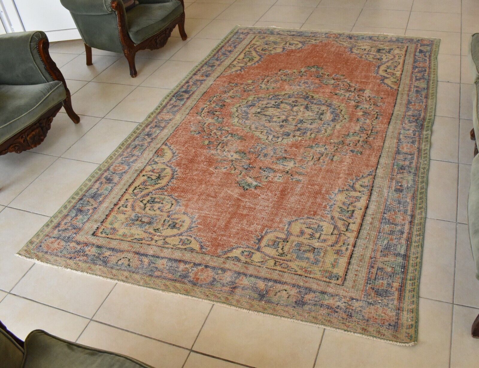 Handmade Area Rug 8.6 x 5.5 ft Distressed Anatolian Vintage Medallion Rug  C45