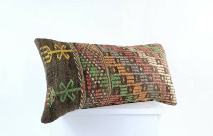 Kilim Lumbar Pillow Cover 12"x24" Handmade Oushak Traditional Ethnic Boho E914