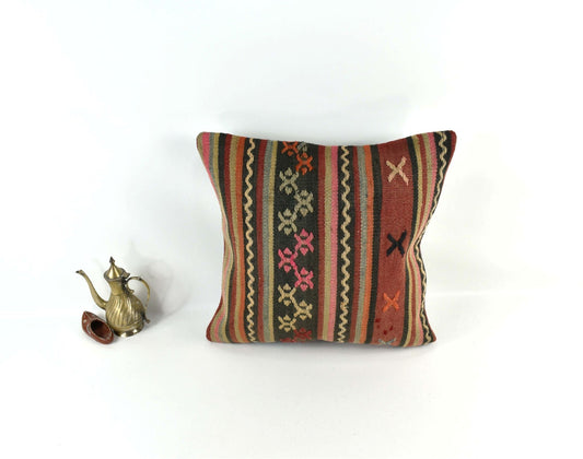18"x18" Kilim Pillow Cover  Handmade Turkish Vintage Cushion Tribal Lumbar 3422