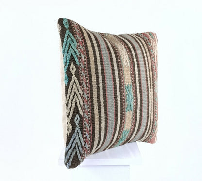 Kilim Pillow Cushion Case 16x16 in Handmade Turkish Traditional Wool Pillow A543