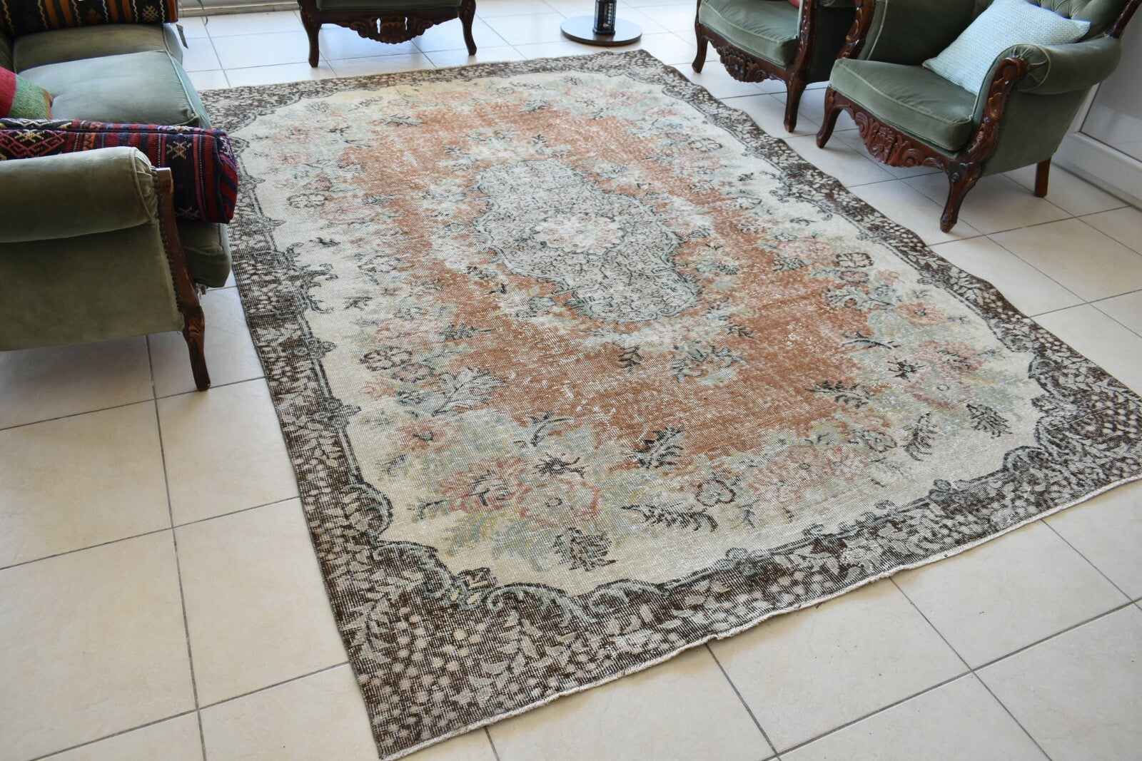 Large Turkish Rug 9.6x6.7 ft Vintage Rug Faded Oushak Rug Living Room Carpet B14