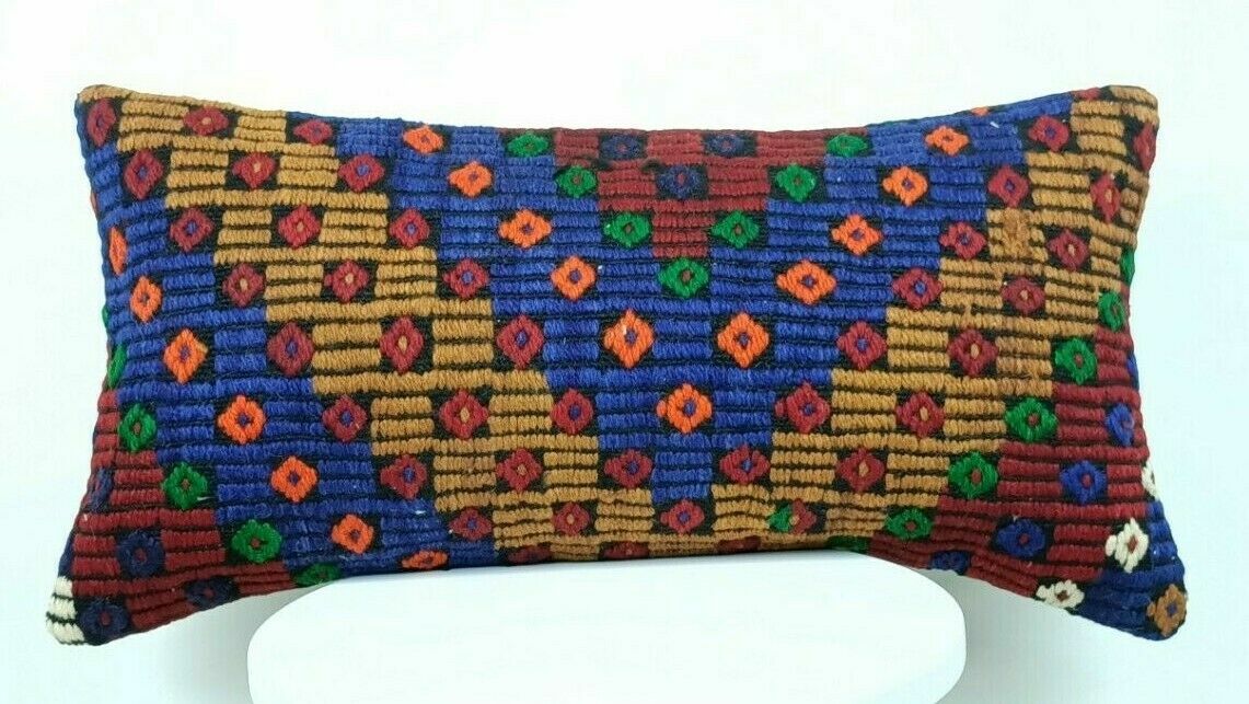 Turkish Kilim Pillow Cover 12x24 Sofa Ethnic Bohemian Wool Lumbar Cushion  E419