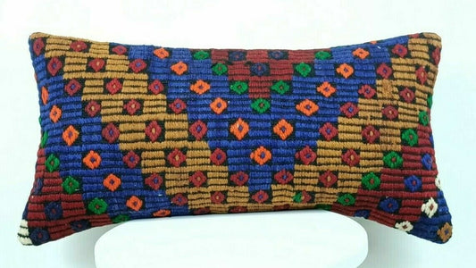 Turkish Kilim Pillow Cover 12x24 Sofa Ethnic Bohemian Wool Lumbar Cushion  E419