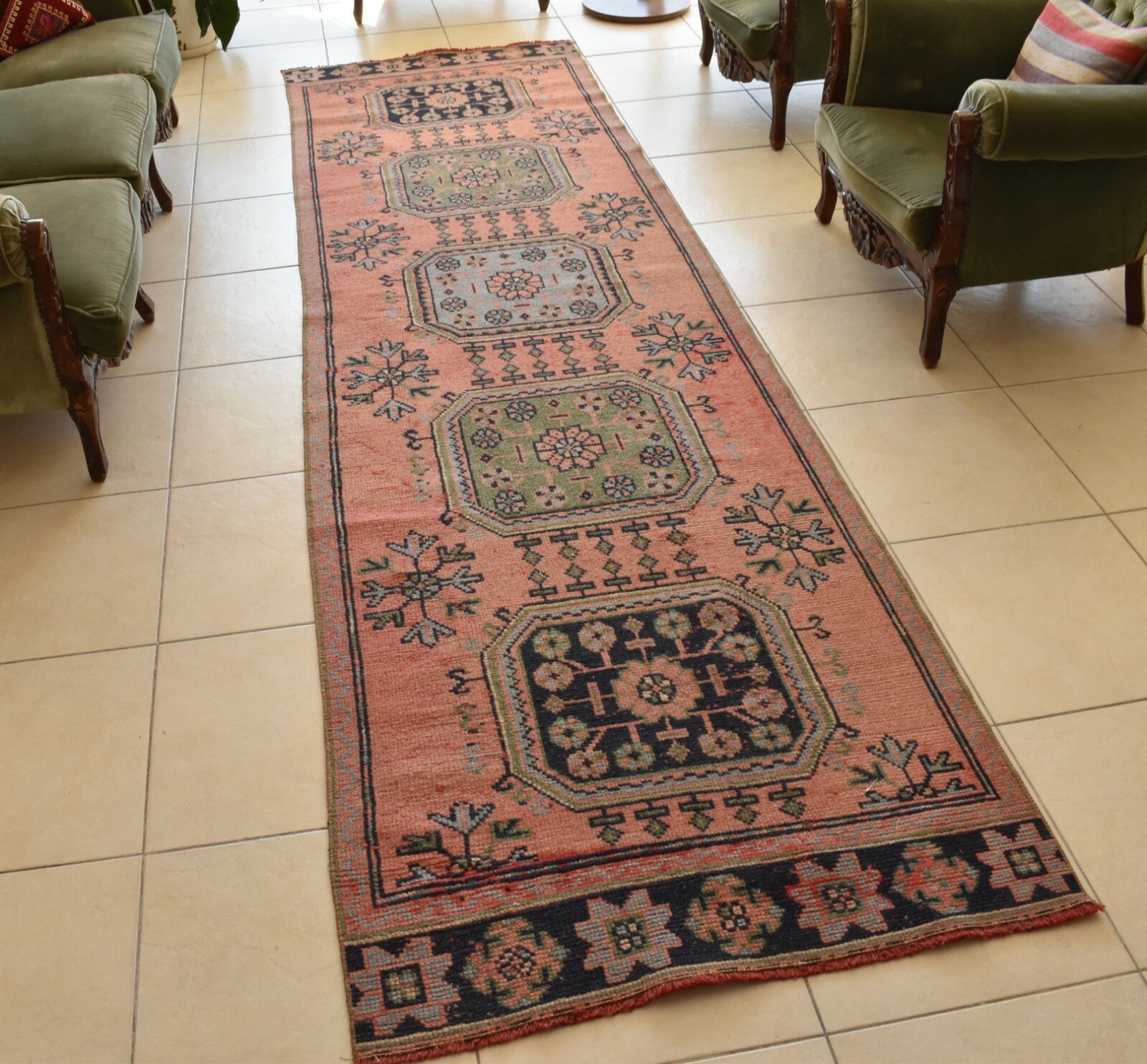 Handwoven Turkish Rug Runner  3.2 x 11.3 ft Oushak Kilim Ethnic Anatolian C43