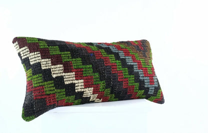 Handmade Kilim Lumbar Cover 12x24 Turkish Rug Boho Tribal Throw Pillow Case E928