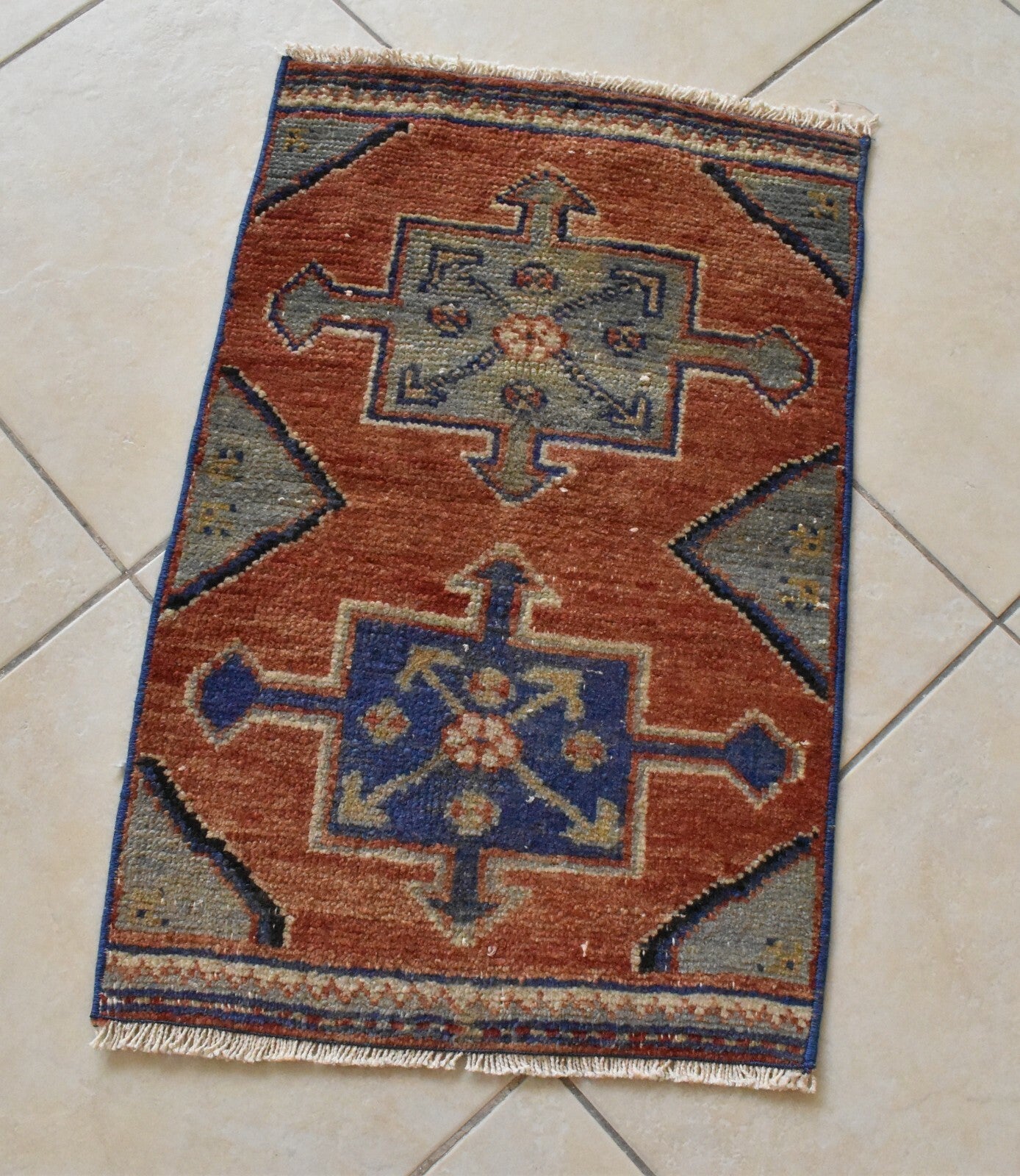 Handmade Small Rug 1x2 ft Door Mat Oriental Wool Entry Vintage Muted Runner C35