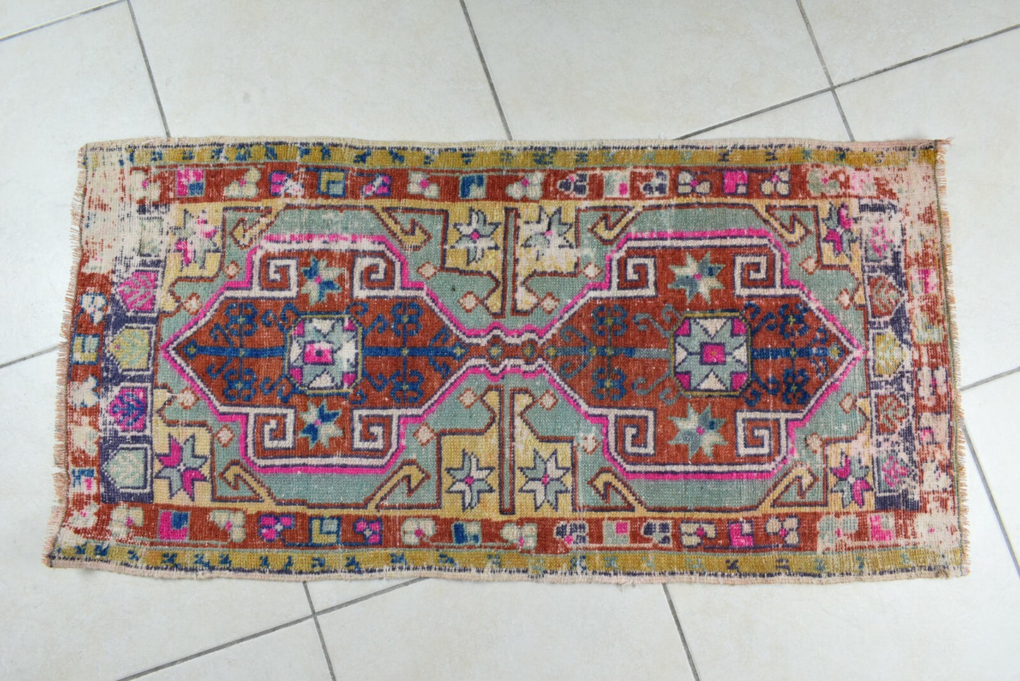 Turkish Runner 3.6x1.8 ft Vintage Small Rug Oushak Runner Anatolian Mini Rug Y61