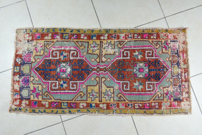 Turkish Runner 3.6x1.8 ft Vintage Small Rug Oushak Runner Anatolian Mini Rug Y61