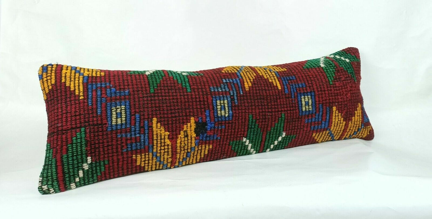 Kilim Pillow Cover 12x36 Handknotted Turkish Tribal Ethnic Lumbar Cushion E689