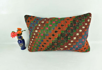 Kilim Pillow Cover 12x20 Turkish Handmade Vintage Couch Lumbar Cushion  A1843