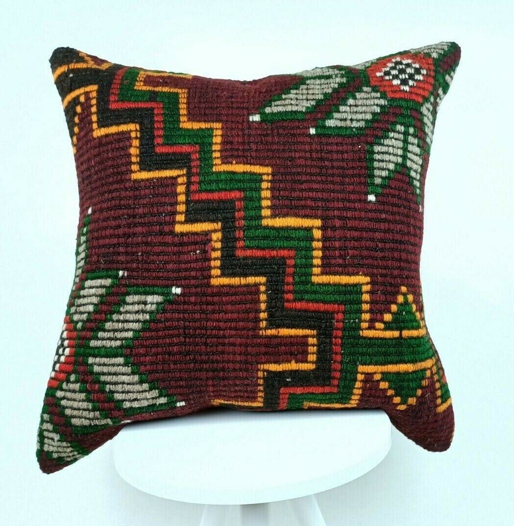 Kilim Pillow Cover 24x24 Traditional Turkish Handmade Wool Lumbar Cushion E654