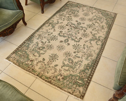 Handmade Vintage Oushak Runner 3.6 x 6.4 ft  Accent Beige Green Area Rug C22