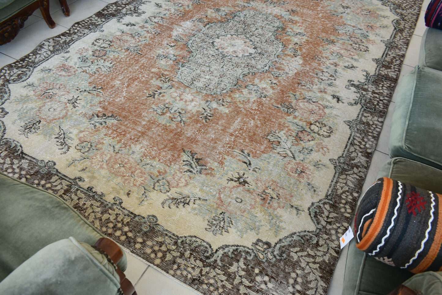 Large Turkish Rug 9.6x6.7 ft Vintage Rug Faded Oushak Rug Living Room Carpet B14