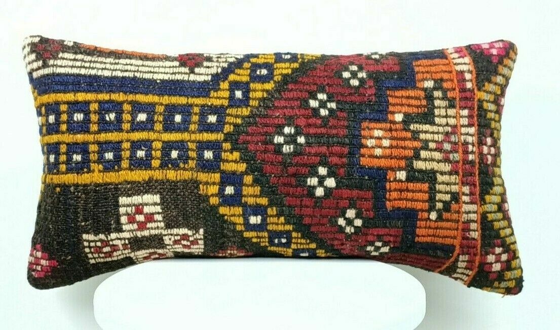 Turkish Kilim Pillow Cover 12x24 Sofa Ethnic Bohemian Lumbar Cushion  E414-1