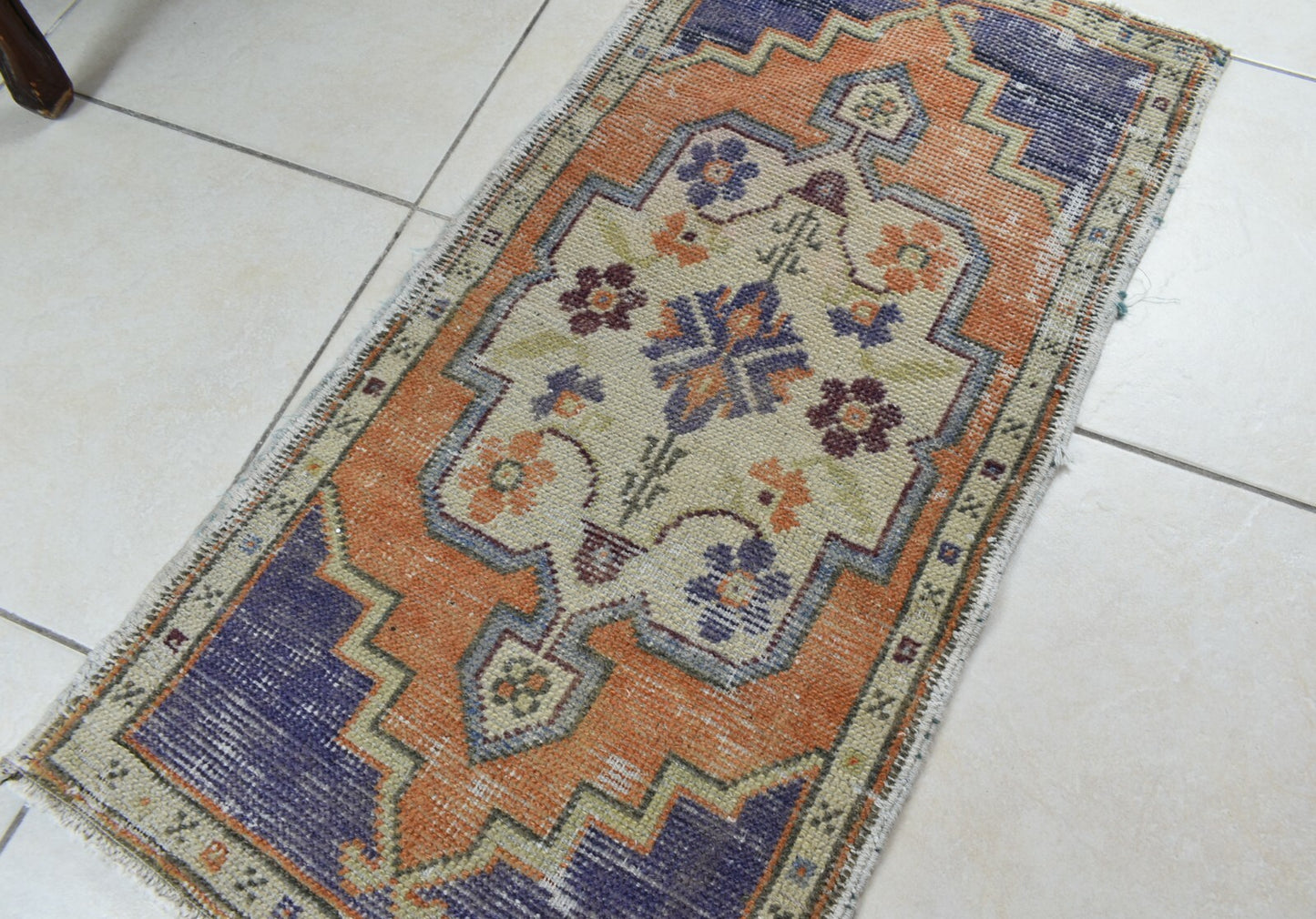 Turkish Runner 3.2x1.6 ft Vintage Small Rug Oushak Runner Anatolian Mini Rug Y70