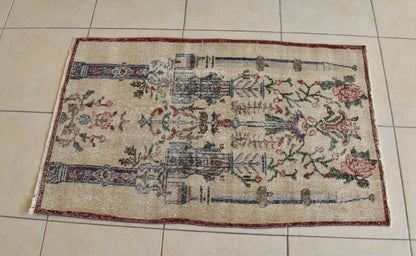 Accent Handmade Carpet 2.5x4 ft Distressed Rug Vintage Oushak Muted Runner C36