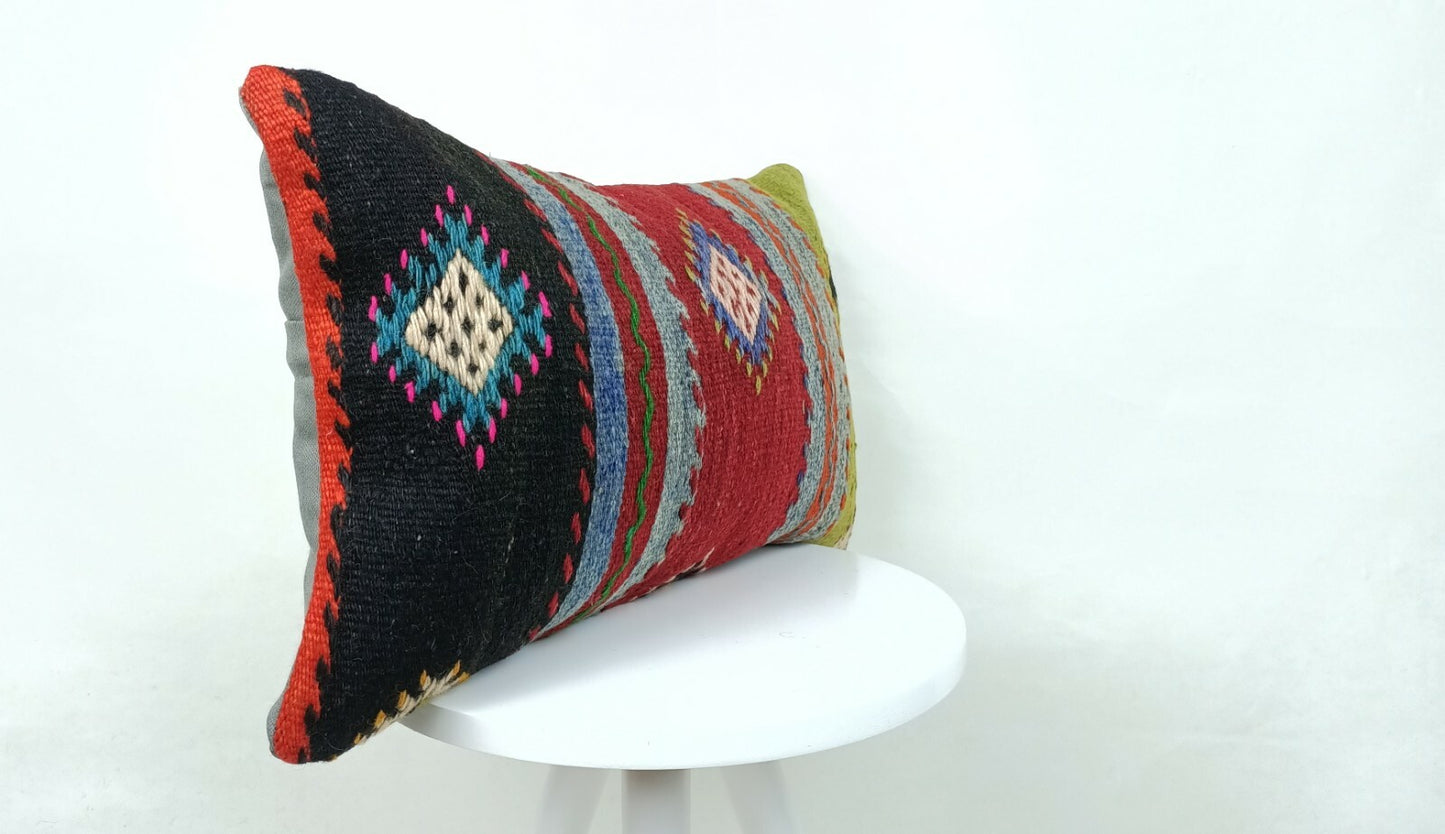 Kilim Pillow Cover 12x20 Oriental Bohemian Ethnic Handmade Lumbar Cushion  E553